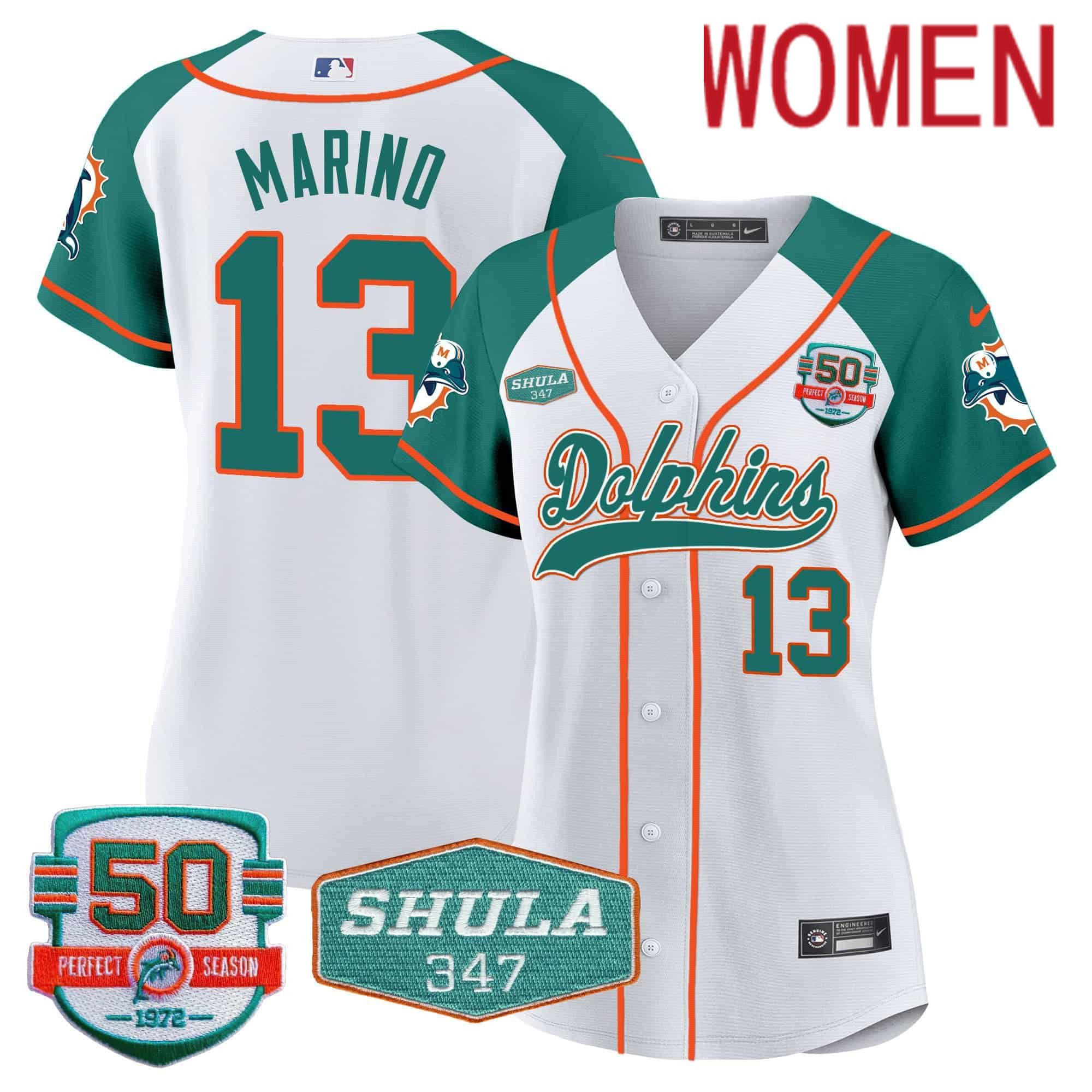Women Miami Dolphins #13 Marino White 2024 Nike 50th Don Shula Memorial Patch Baseball NFL Jersey style 1